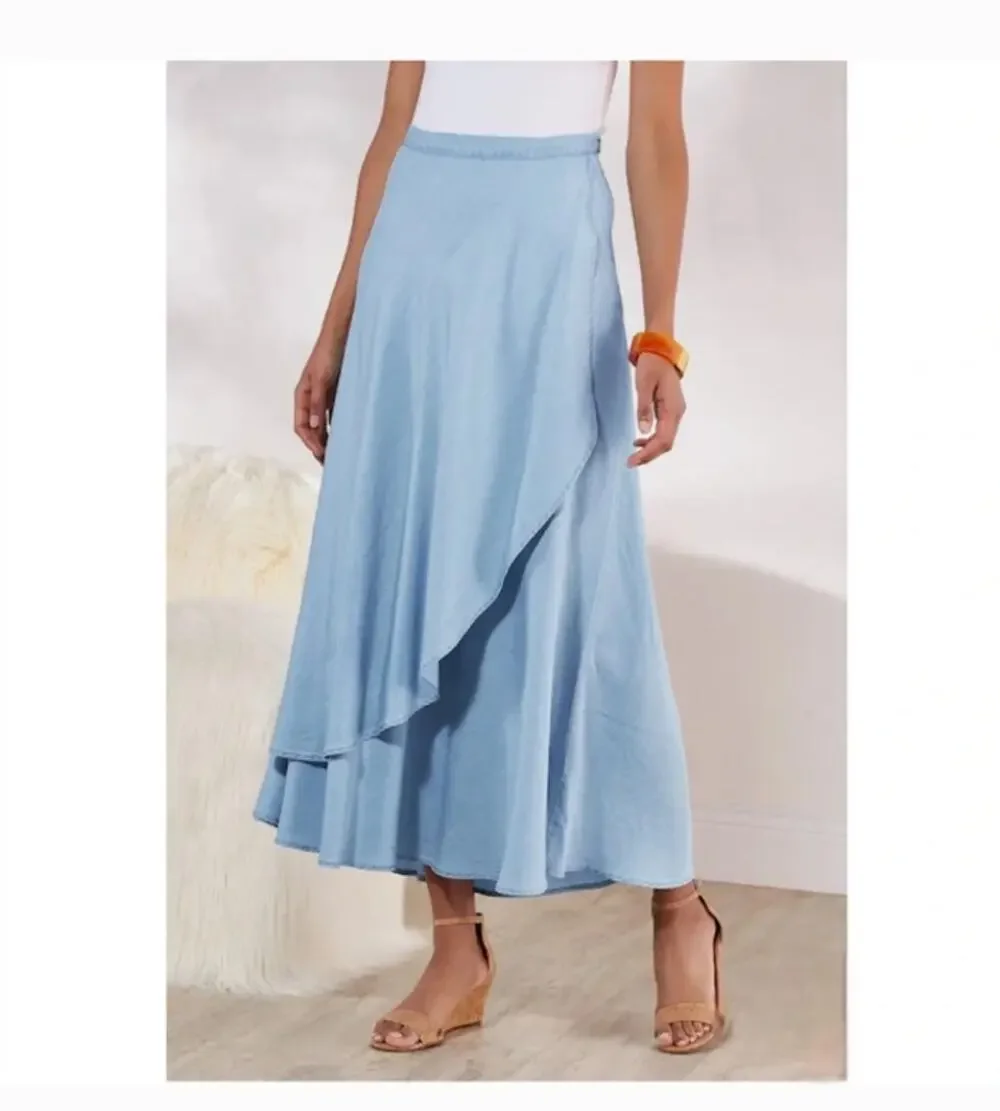 Soft Surroundings Chambray Faux Wrap Midi Skirt Womens Large Coastal Lagenlook